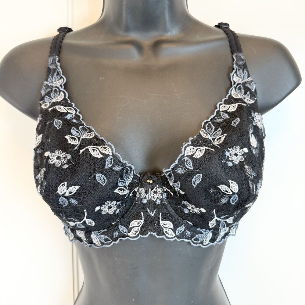 Wacoal Flower Fields Sheer Embroidered Underwire Bra Black Blue 34DD 85731